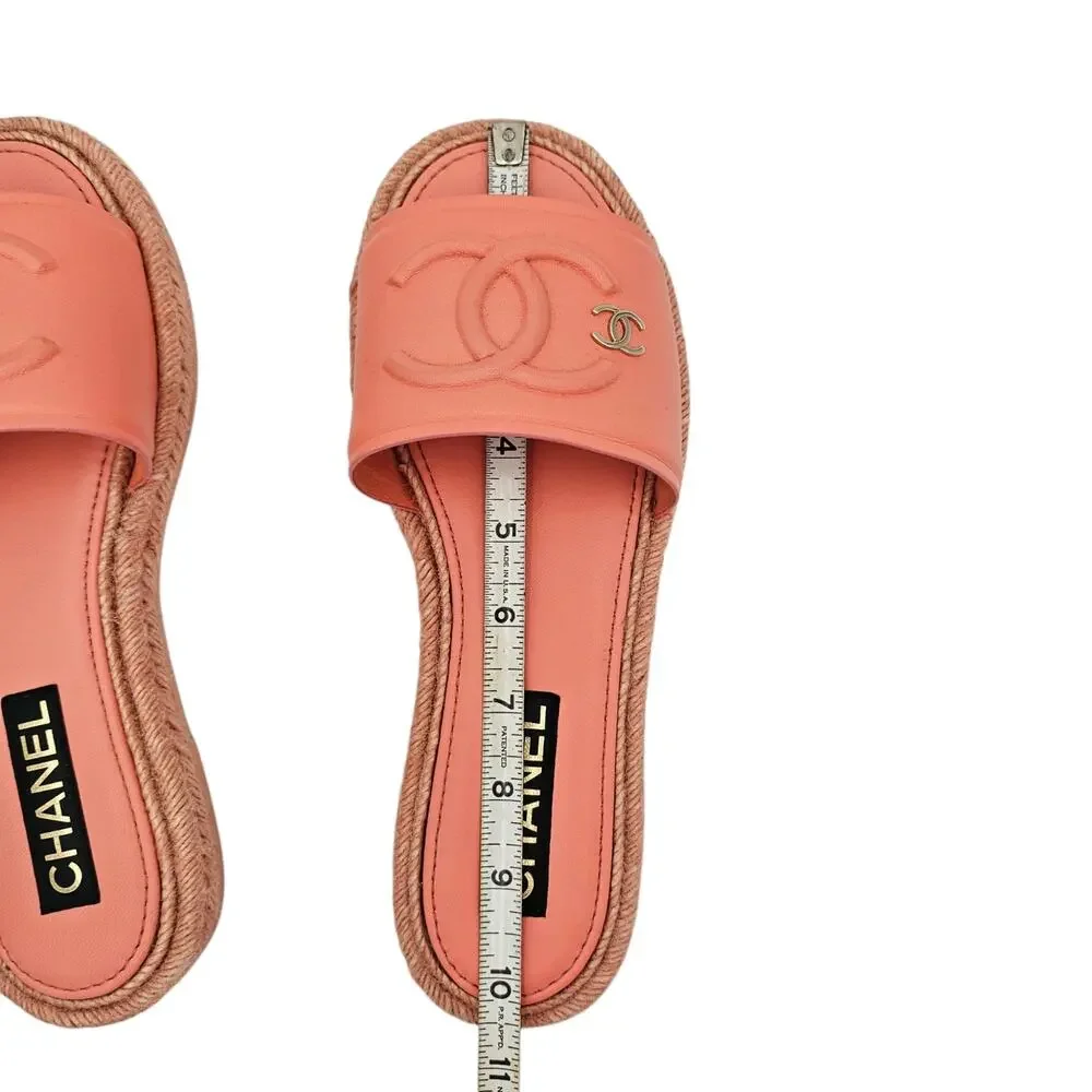 Chanel CC Logo Orange Coral Leather Flat Slide Sandal Jute Size 41 10 10.5